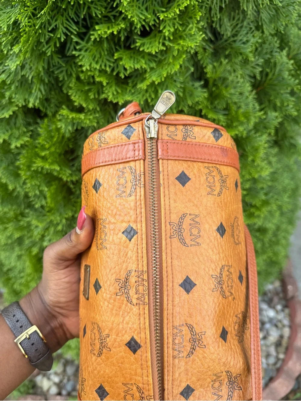 MCM Tan Visetos Barrel Crossbody Bag